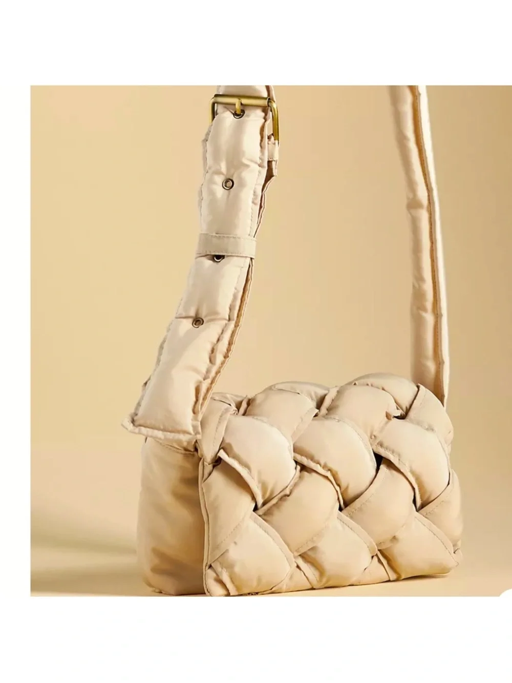 Anthropologie Quilted Puffer Crossbody Bag Beige Adjustable Shoulder Bag